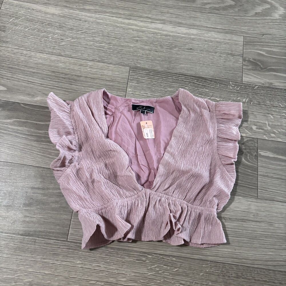 Blue Blush Dusty Pink Ruffle Sleeve Plunge Crop Top Size Small